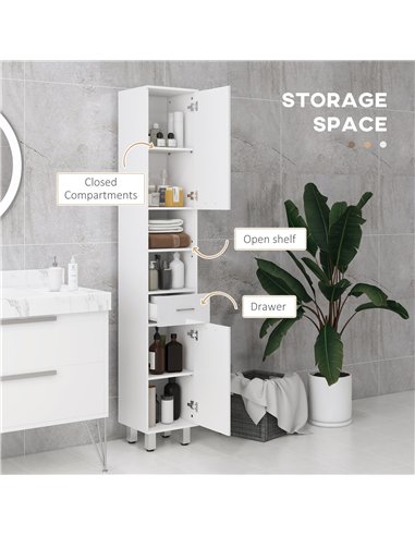 kleankin 71" Tall Slim Bathroom Storage Cabinet, Narrow Cupboard with Drawer, Open Shelves, 2 Doors, White and High Gloss White