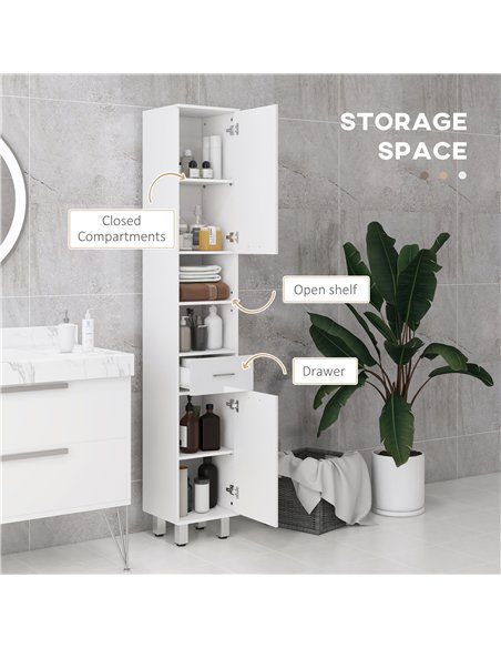 kleankin 71" Tall Slim Bathroom Storage Cabinet, Narrow Cupboard with Drawer, Open Shelves, 2 Doors, White and High Gloss White - pic 196327 | FastDaddyshop