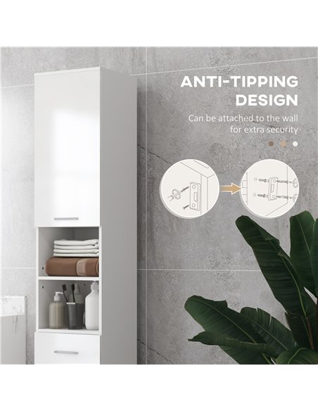 kleankin 71" Tall Slim Bathroom Storage Cabinet, Narrow Cupboard with Drawer, Open Shelves, 2 Doors, White and High Gloss White - pic 196328 | FastDaddyshop