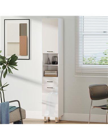 kleankin 71" Tall Slim Bathroom Storage Cabinet, Narrow Cupboard with Drawer, Open Shelves, 2 Doors, White and High Gloss White