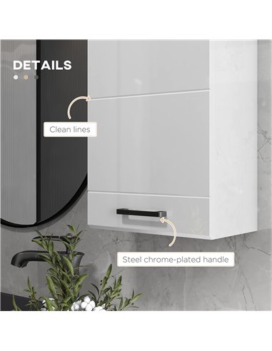 kleankin Bathroom Wall Cabinet, High Gloss Bathroom Storage Cabinet with Soft-Close Door, 3 Shelves, Adjustable Shelf, White