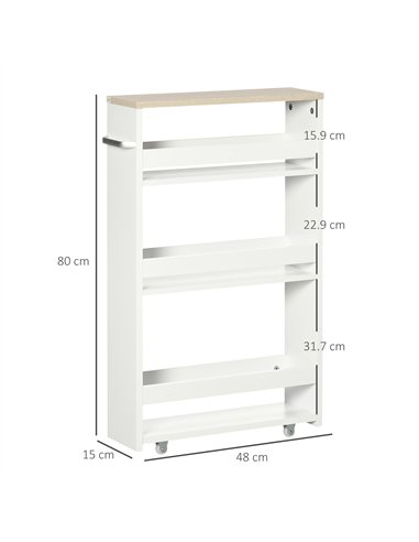 kleankin Storage Cart, 4-Tier Compact Storage Trolley on Wheels and Handle, 48W x 15D x 80H cm, White