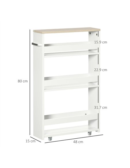kleankin Storage Cart, 4-Tier Compact Storage Trolley on Wheels and Handle, 48W x 15D x 80H cm, White - pic 196353 | FastDaddyshop