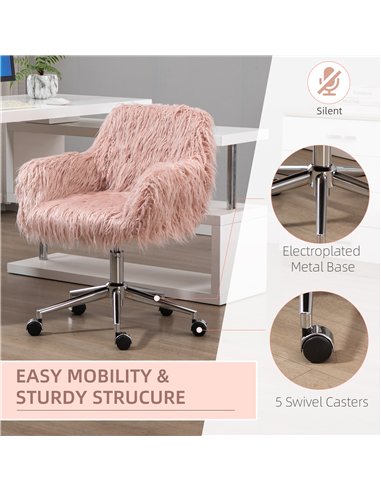 Vinsetto Faux Fur Desk Chair, Rolling Swivel Makeup Chair with Adjustable Height, Armrets for Home Office, Bedroom, Pink