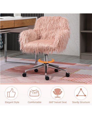 Vinsetto Faux Fur Desk Chair, Rolling Swivel Makeup Chair with Adjustable Height, Armrets for Home Office, Bedroom, Pink