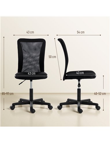 Vinsetto Computer Desk Chair, Armless Mesh Office Chair with Adjustable Height and Rolling Wheels, Black