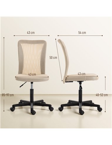 Vinsetto Computer Desk Chair, Mesh Office Chair with Adjustable Height and Swivel Wheels, Armless Study Chair, Beige