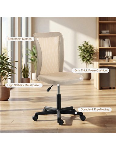 Vinsetto Computer Desk Chair, Mesh Office Chair with Adjustable Height and Swivel Wheels, Armless Study Chair, Beige