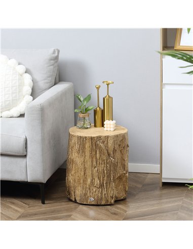 HOMCOM Tree Stump End Table, Round Concrete Side Table for Indoor and Outdoor Use, Natural Wood Effect