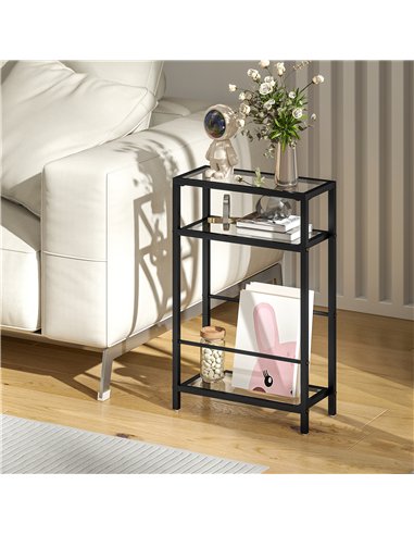 HOMCOM 3-Tier Side Table, Narrow End Table with Storage Shelf and Tempered Glass Tabletop for Small Spaces, Black