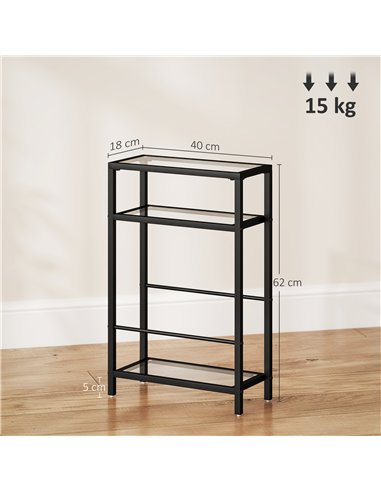 HOMCOM 3-Tier Side Table, Narrow End Table with Storage Shelf and Tempered Glass Tabletop for Small Spaces, Black