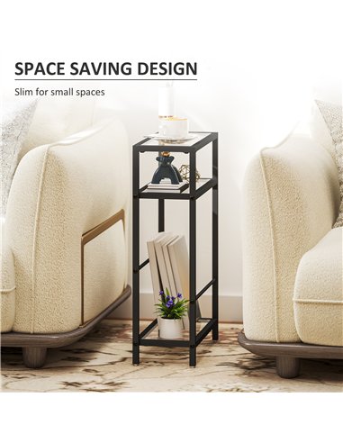 HOMCOM 3-Tier Side Table, Narrow End Table with Storage Shelf and Tempered Glass Tabletop for Small Spaces, Black