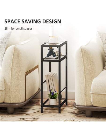 HOMCOM 3-Tier Side Table, Narrow End Table with Storage Shelf and Tempered Glass Tabletop for Small Spaces, Black - pic 196526 | FastDaddyshop