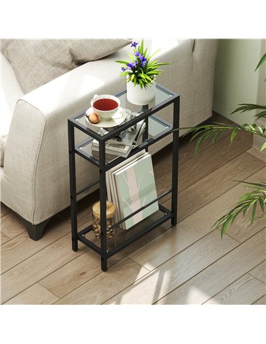 HOMCOM 3-Tier Side Table, Narrow End Table with Storage Shelf and Tempered Glass Tabletop for Small Spaces, Black