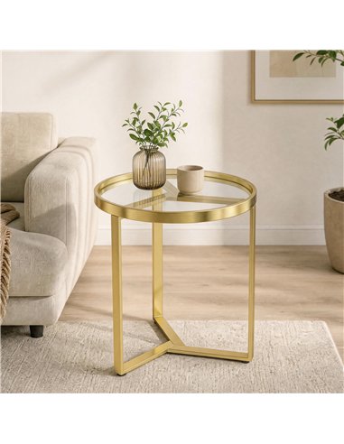 HOMCOM Round Side Table with Tempered Glass Top and Geometric Metal Frame for Small Space, Gold Tone
