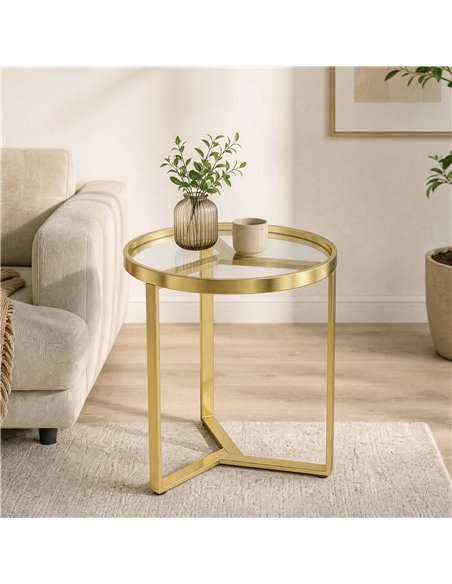 HOMCOM Round Side Table with Tempered Glass Top and Geometric Metal Frame for Small Space, Gold Tone - pic 196532 | FastDaddyshop