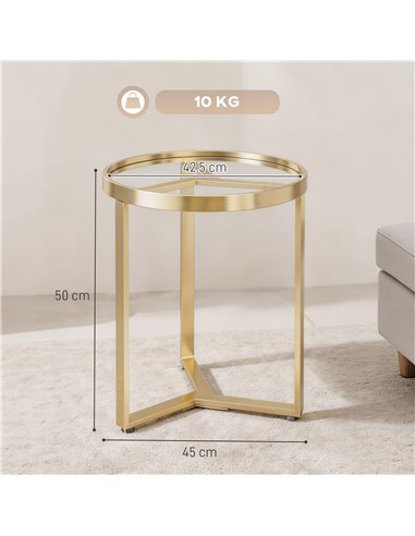 HOMCOM Round Side Table with Tempered Glass Top and Geometric Metal Frame for Small Space, Gold Tone
