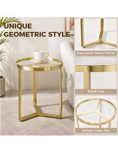 HOMCOM Round Side Table with Tempered Glass Top and Geometric Metal Frame for Small Space, Gold Tone