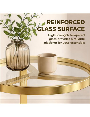 HOMCOM Round Side Table with Tempered Glass Top and Geometric Metal Frame for Small Space, Gold Tone