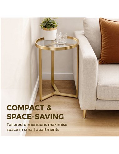 HOMCOM Round Side Table with Tempered Glass Top and Geometric Metal Frame for Small Space, Gold Tone