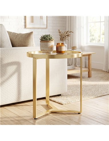 HOMCOM Round Side Table with Tempered Glass Top and Geometric Metal Frame for Small Space, Gold Tone