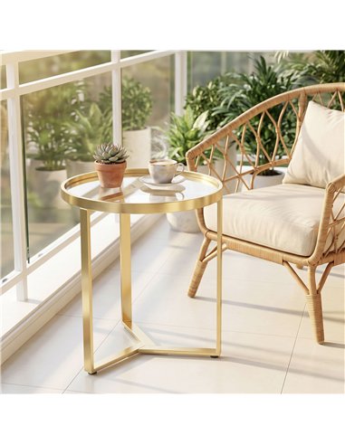 HOMCOM Round Side Table with Tempered Glass Top and Geometric Metal Frame for Small Space, Gold Tone
