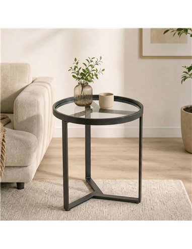HOMCOM Round Side Table with Tempered Glass Top and Geometric Metal Frame for Small Space, Black