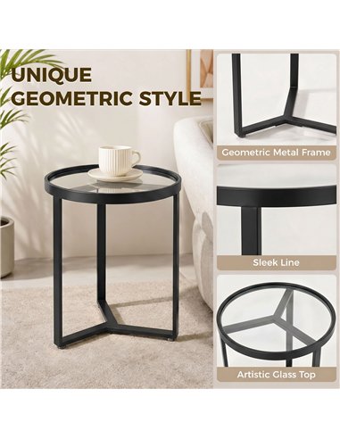 HOMCOM Round Side Table with Tempered Glass Top and Geometric Metal Frame for Small Space, Black