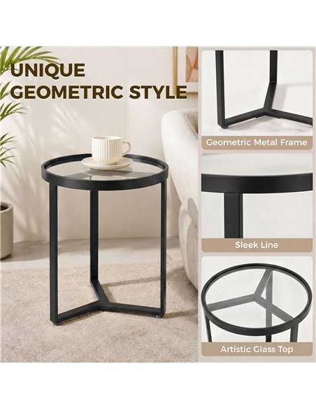 HOMCOM Round Side Table with Tempered Glass Top and Geometric Metal Frame for Small Space, Black - pic 196543 | FastDaddyshop