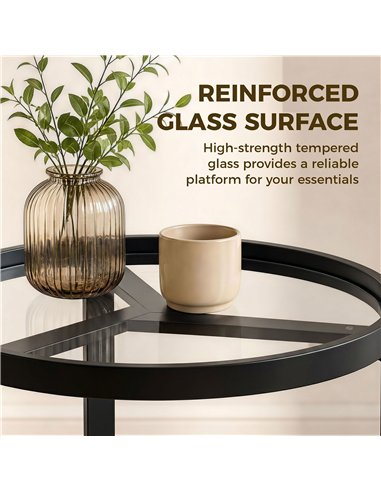 HOMCOM Round Side Table with Tempered Glass Top and Geometric Metal Frame for Small Space, Black