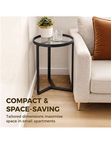HOMCOM Round Side Table with Tempered Glass Top and Geometric Metal Frame for Small Space, Black