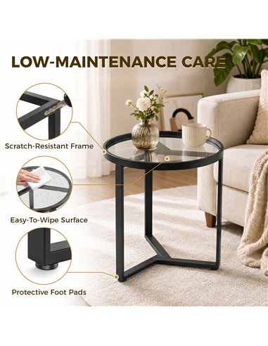 HOMCOM Round Side Table with Tempered Glass Top and Geometric Metal Frame for Small Space, Black