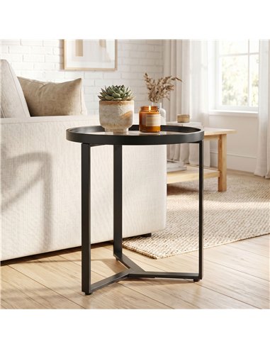 HOMCOM Round Side Table with Tempered Glass Top and Geometric Metal Frame for Small Space, Black