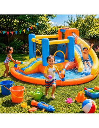 AIYAPLAY 5 in 1 Bouncy Castle for Children, Inflatable Bounce House with Dual Slides, Pool, Climbing Wall, Water Cannons, Blower
