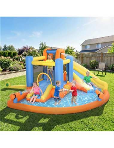 AIYAPLAY 5 in 1 Bouncy Castle for Children, Inflatable Bounce House with Dual Slides, Pool, Climbing Wall, Water Cannons, Blower