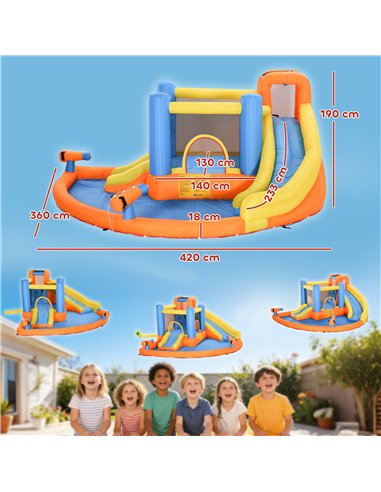 AIYAPLAY 5 in 1 Bouncy Castle for Children, Inflatable Bounce House with Dual Slides, Pool, Climbing Wall, Water Cannons, Blower