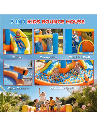 AIYAPLAY 5 in 1 Bouncy Castle for Children, Inflatable Bounce House with Dual Slides, Pool, Climbing Wall, Water Cannons, Blower