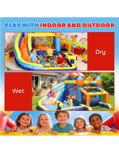 AIYAPLAY Bouncy Castle for Kids, Inflatable Bounce House with Long Slide, Splash Pool and 550W Blower for Indoor Outdoor