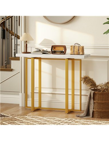 HOMCOM Console Table with Faux Marble Top, 100 cm Narrow Entryway Table with Anti-tipping Device, Steel Frame, White