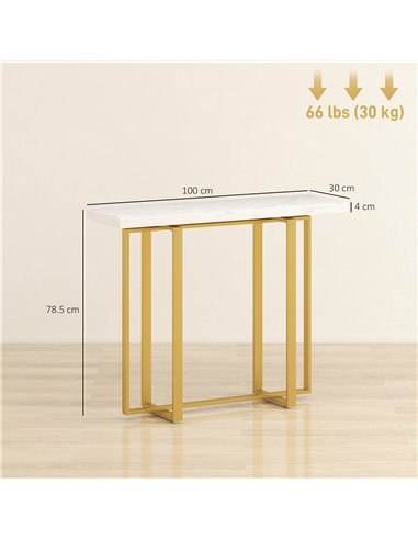 HOMCOM Console Table with Faux Marble Top, 100 cm Narrow Entryway Table with Anti-tipping Device, Steel Frame, White