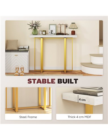 HOMCOM Console Table with Faux Marble Top, 100 cm Narrow Entryway Table with Anti-tipping Device, Steel Frame, White