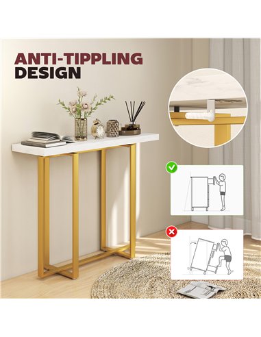 HOMCOM Console Table with Faux Marble Top, 100 cm Narrow Entryway Table with Anti-tipping Device, Steel Frame, White