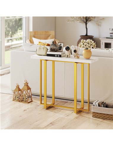 HOMCOM Console Table with Faux Marble Top, 100 cm Narrow Entryway Table with Anti-tipping Device, Steel Frame, White