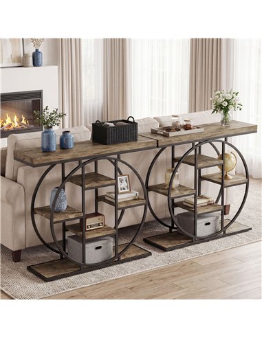 HOMCOM Industrial Console Table with Storage Shelves - Rustic Brown