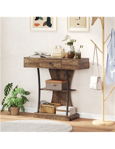 HOMCOM Console Table, 3-Tier Industrial Hallway Table with Drawer, Storage Shelves, 91 x 32 x 87 cm, Rustic Brown
