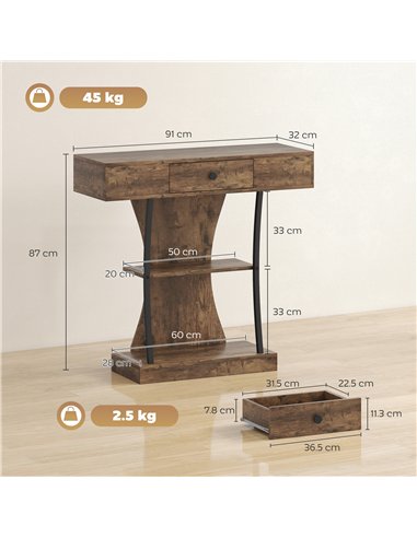 HOMCOM Console Table, 3-Tier Industrial Hallway Table with Drawer, Storage Shelves, 91 x 32 x 87 cm, Rustic Brown