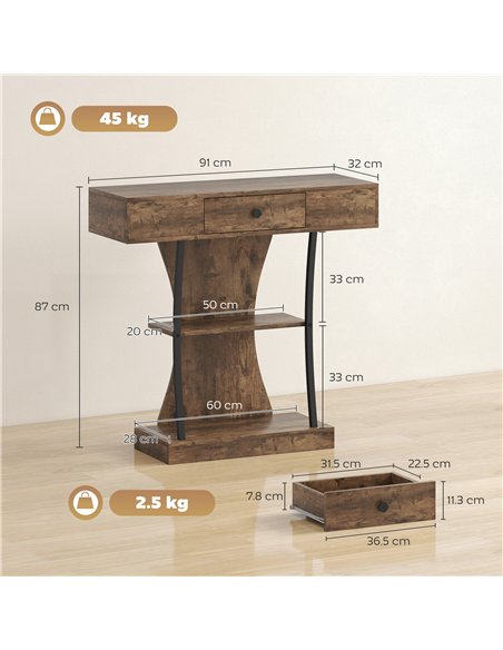 HOMCOM Console Table, 3-Tier Industrial Hallway Table with Drawer, Storage Shelves, 91 x 32 x 87 cm, Rustic Brown - pic 196686 | FastDaddyshop