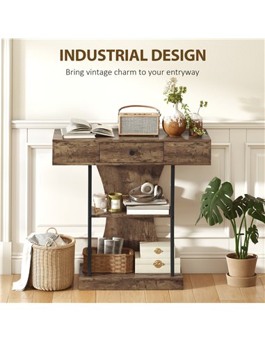 HOMCOM Console Table, 3-Tier Industrial Hallway Table with Drawer, Storage Shelves, 91 x 32 x 87 cm, Rustic Brown
