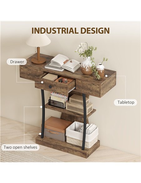 HOMCOM Console Table, 3-Tier Industrial Hallway Table with Drawer, Storage Shelves, 91 x 32 x 87 cm, Rustic Brown - pic 196688 | FastDaddyshop