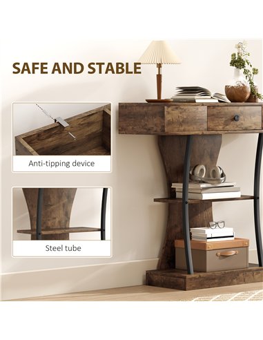 HOMCOM Console Table, 3-Tier Industrial Hallway Table with Drawer, Storage Shelves, 91 x 32 x 87 cm, Rustic Brown